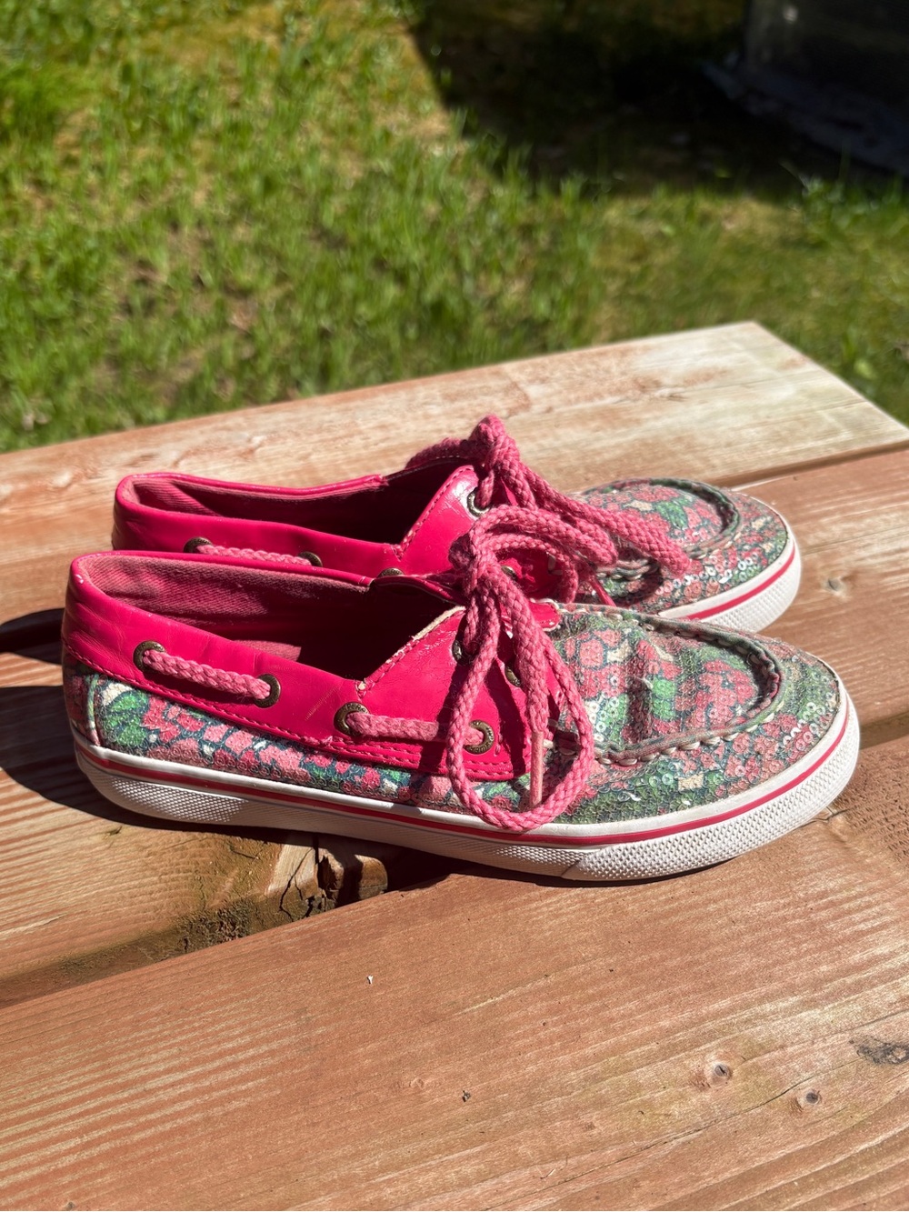 Sperry Hot Pink Canvas/Sequin Boat Shoes with Floral Accent